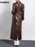 Spring Autumn Long Shiny Reflective Crocodile Print Patent Pu Leather Trench Coat for Women Runway European