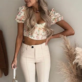 Sweet Square Collar Floral Print High Waist Belly Button Exposed Summer Blouse Women 2022 Casual Short Sleeve Slim Crop
