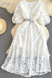 Summer Vintage Women V-Neck Puff Sleeve Hollow Out Lace Long Dress Elegant V-Neck High Waist A-Line Maxi Party