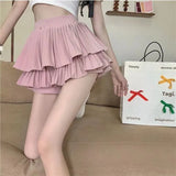 Waist Pleated Mini Skirt Women Double Layer White A-line Skirt with Shorts Y2k Clothes Korean Fashion Goth Harajuku