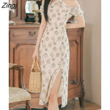Vintage Cheongsam Dress Women 2022 summer Floral Embroidery Design Party Split Dress Female Court Retro Long Fairy