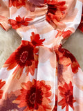 Vintage Women Printed Dresss Sexy Square Collar Short Puff Sleeve High Waist A-Line Vacation Beach Vestidos Female