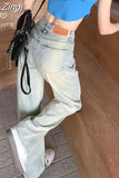 Distressed Light Blue Straight Jeans High Waist Retro Women Pants Denim Zipper Fly Y2k Pantalones Wide Leg Jean