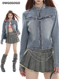 Short Coat for Women Autumn New Burrs Slim Slim-Fit Zipper Long Sleeve Blue Jean Jacket