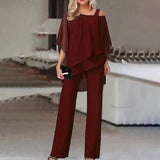 Women Straight Long Pants Outfits Casual Off Shoulder Ruffled Irregular Party Suit Spring Office Commuting Two Piece Set