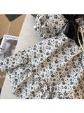 Women Vestidos Elegant Chic Puff Sleeve Flower Print Mini Dress Female Retro Sweet Bow Decorate A-line Princess Dress