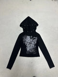 Print Punching Design Hooded T-Shirt Thin Casual Hottie Sexy Long-Sleeved