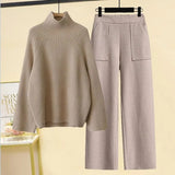 Winter Warm Two Piece Sets Womens Outfit Office Ladies Elegant Turtleneck Knitted Loose Sweater And Woolen Pants Sets