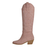 Onlymaker Women White Knee High Boots Western Cowboy Boots Wide Calf Embroidered Pointed Toe Block Heel Pull-On Cowgirl