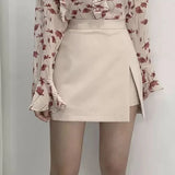 Slit Mini Skirts Women Korean High Waist Solid Irregular Skirts Office Lady Fashion Stretchy Chic Simple A Line Skirts