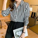 Women's Shirt 2023 Black and White Striped Tops for Women Versatile Polo Neck Clothing Long Sleeve Woman Basic Shirts