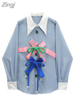 Long Sleeve Lapel Collar Blouse Button Up Bow Shirt Women New Female Elegant Ladies Tops Korean Fashion Autumn 2023