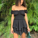 Queens Women Solid Sleeveless Beach Irregular Ruffles Bohemian Mini Dress Ladies Slash Neck Boho Sundress