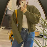 Solid Knitted Cardigan Women Sweet Zipper Cropped Sweaters Korean Vintage Casual Knitwear Coat Loose Short Jumpers