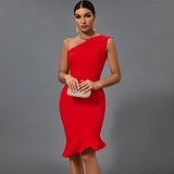 Midi Bandage Dress Women Orange Bodycon Dress Evening Party Elegant Sexy One Shoulder Birthday Club Outfit 2022