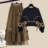 Winter Two Piece Set For Women Outfit Korean Bow Bandage Knitted Pullover Sweaters+ Flower Mesh Patchwork Skirts Sets