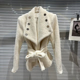 2022 Winter New Collection Double Breasted Buttons Woolen Belt Slim Waist Blazer Caot Women Cotton Liner Jacket