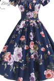 Dress Women Puff Sleeve Swing Vintage Dresses Robe Femme Elegant Floral Print Pin Up Party Dresses