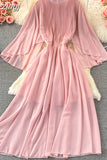 Purple/Orange/Red Draped Long Dress Boho Round Neck Flying Sleeve High Waist Elegant Vacation Beach Robe Bohemian