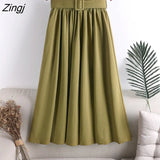 Midi Skirt Women With Belt For 2021 Spring Summer Ladies Korean Red Green Black Blue High Waist Long Skirt