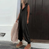 Button Sleeveless Beach Romper Simple Solid Cross-pants Lady Playsuit Women Casual Loose Hooded Jumpsuit Summer