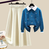 Knitted Two Piece Set Womens Outfits Korean Casual Turn Down Collar Long Sleeve Embroidery Knitted Sweater+skirts