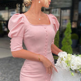Women Chic Solid Puff Princess Sleeves Square Collar button Bodycon silt Mini Sweet Pink
