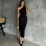 Zingj Summer New Oblique Shoulder Solid Color Open Slit Sleeveless Sexy Temperament Slim Dress
