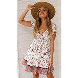 Queens Women Floral Print Lace Short Sleeve Beach Sexy Bohemian Mini Dress Ladies V-neck Boho Dresses