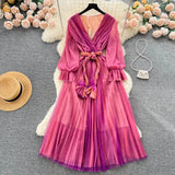 Women's Fashion France Vintage Pleated Long Dress Summer Autumn Sexy V-Neck Lace Up Party Runway Vestidos Female Elegant
