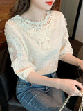Embroidered Cotton Women's Blouse O Neck Short Sleeve Loose White Tops Summer Flowers Chiffon Shirts Fashion Blusas