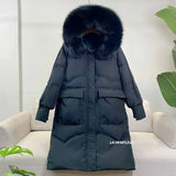 Loose Windbreak Long Coat Women Real Natural Fur Hooded Jacket 90% White Duck Down Coat Thick Warm Snow