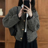 Vintage Tweed Jackets Women Striped Cropped Coat Korean Elegant Single Breasted Loose Casual Chic Short Outwear Tops