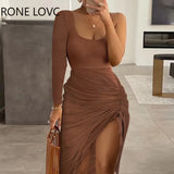 Women Solid Color Drawstring Ruched High Slit Bodycon Dress Maxi Dress Sexy Vacation