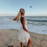 Queens Women Solid Sleeveless Beach Sexy Backless Lace Bohemian Mini Dress Ladies V-neck Boho Sundress