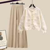 Winter Knit Sets Womens Outfits Korean Sweet Floral Knitted Cardigan And Wide Leg Pants Sets Ladies Elegant Knitting