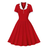 Summer Casual Flare Dress Retro Vintage Solid Red Patchwork Robe De Cocktail Party Office Robe Rockabilly Dresses