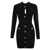 New Summer Women V Neck Bandage Dress Red Sexy Long Sleeve Button Bodycon Club Celebrity Elegant Evening Mini Party