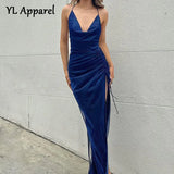 V-neck Sleeveless Long Split Formal Evening Party Dresses Elegant Ladies Backless Solid Shirring Cocktail Dresses Red