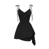 Summer Gothic Rock Black Mini Dress Emo Grunge Women Sexy Strap Sleeveless V Collar Lace up A-line Female Short