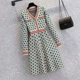 Women Autumn Winter Vintage Plaid Knitted Sweater Dresses 2023 V Neck Striped Patchwork Knitwear Mini Short