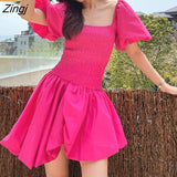 Vintage Fairy Dress Women Red Sweet Princess Party Mini Dress Female 2021 Summer Beach Puff Sleeve Holiday Korean