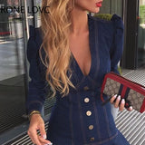 Women Casual Bright Line Decoration Long Sleeves button Ruffle Hem Bodycon Mini Denim