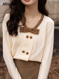 Elegant Sweater Women 2022 Autumn French Patchwork Bow Vneck Pullover Long Sleeves Knitted Tops Female Clothes