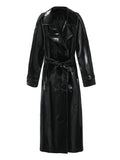 Spring Autumn Long Shiny Reflective Patent Leather Trench Coat for Women Sashes Luxury Designer Runway European