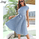 Floral Print Pleated Dresses Women Summer Dress YEMOGGY 2022 New Slim Casual High Waist Lace Up Midi Short Sleeve