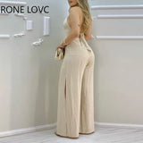 Women Jumpsuits Lace Trim Buttoned Backless Slit Jumpsuit V Neck