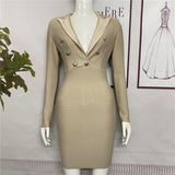 New Sexy Notched Collar Button Bandages Dress Women Bodycon Elegant Party Club Autumn Winter