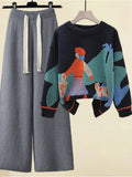 Winter 2 Piece Sets Womens Outfits Office Ladies Oversized Knitted Swerter And Wide Leg Pants Suits Knitting Two Piece