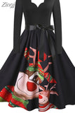 Women Christmas Dress Long Sleeve Vintage Elegant V Neck Print Big Swing Party Xmas New Year Winter Clothes S~3XL